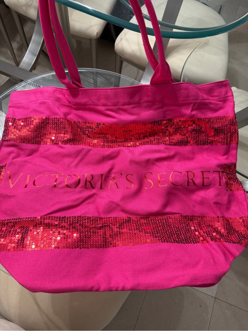 Victoria's Secret Bright Pink Sequin Stripe Tote